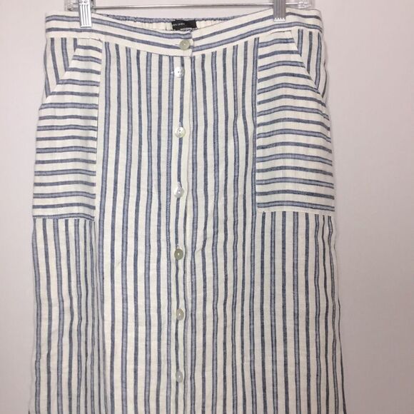 100% linen maxi skirt pockets elasticated waist blue stripe beachy coastal Sz L - Picture 2 of 7